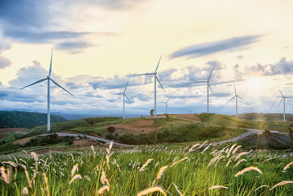 Turbine eoliche su colline con erba incolta