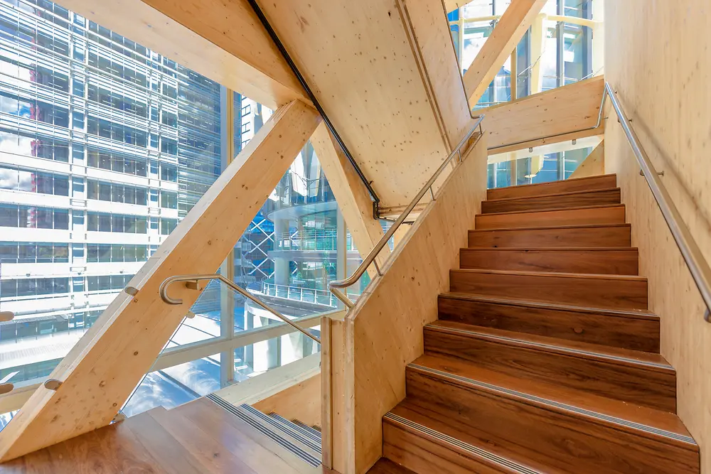 Wooden staircase of the International House in Sydney