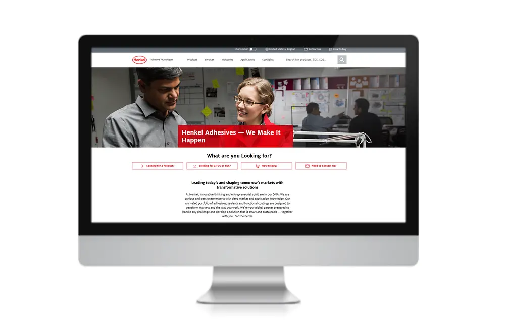 Schermo di monitor su cui è visualizzato il sito web Henkel Adhesive Technologies