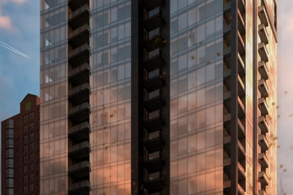 Edificio alto in legno al crepuscolo